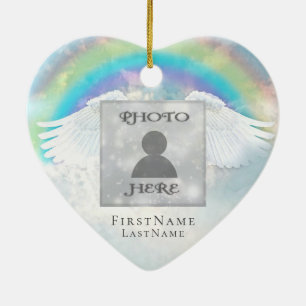 Add Photo Angel Wings and Heart Memorial Ceramic Ornament