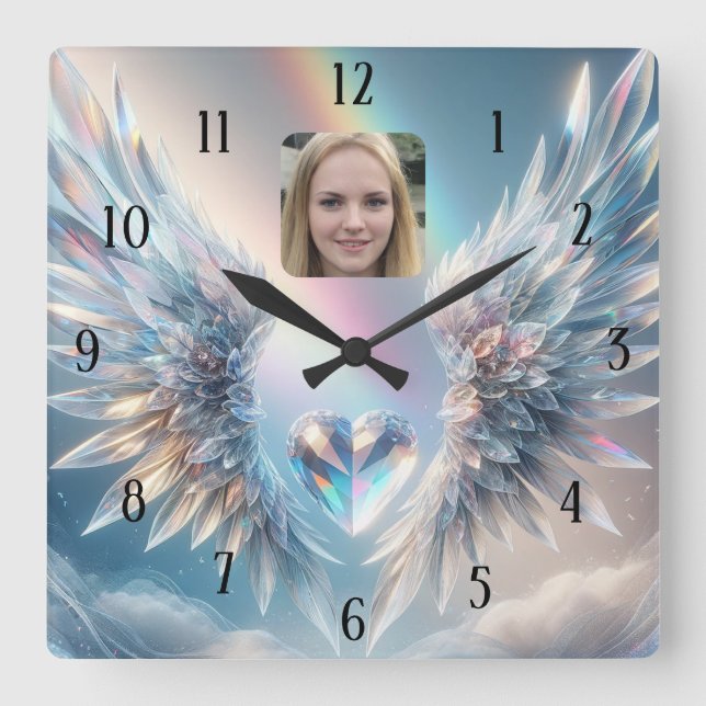 Add Photo Angel Wings Crystal Heart Square Wall Clock (Front)