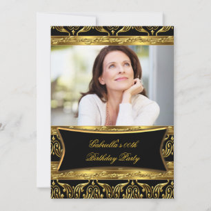 Add Photo Black Damask Gold Birthday Party Invitation