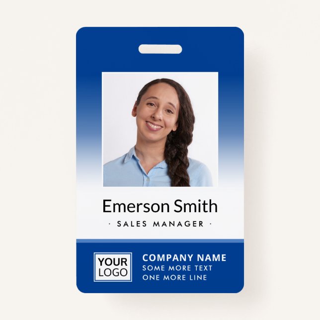 Add photo blue gradient employee name title id ID badge (Front)