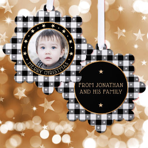 Add Photo Buffalo Plaid & Stars Merry Christmas Tree Decoration Card