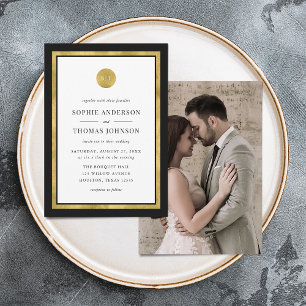 Add Photo Custom Colour Gold Round Monogram Weddin Invitation