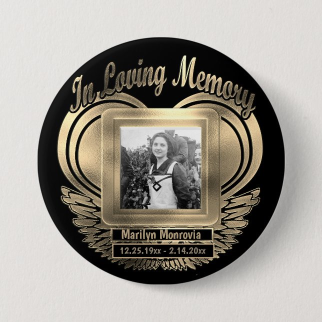 Add Photo Custom Memorial Heart Gold Button (Front)