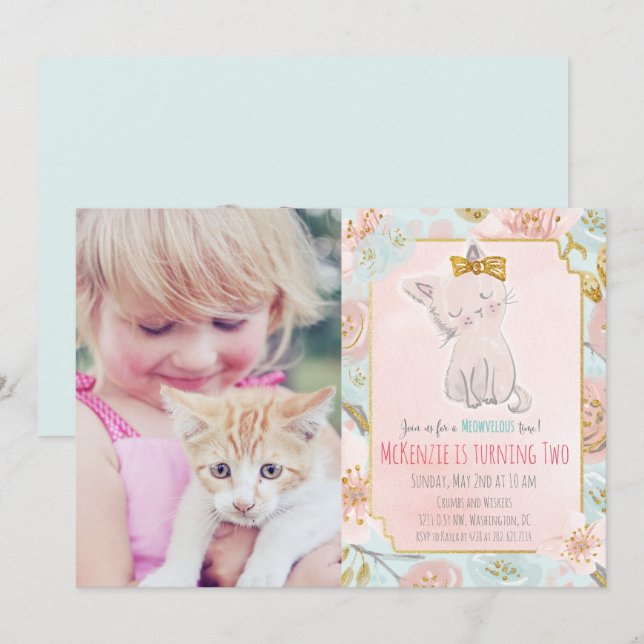 ADD PHOTO - Cute Kitten Floral Birthday Invitation (Front/Back)