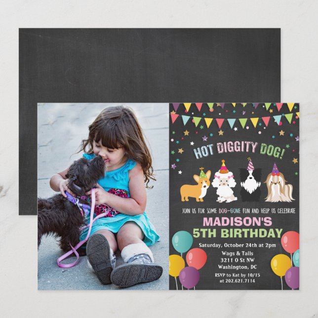 ADD PHOTO - Dog Puppy Birthday Chalk Invitation (Front/Back)