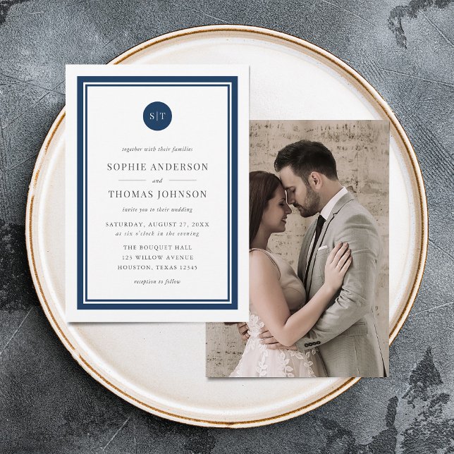 Add Photo Editable Colour Round Monogram Wedding Invitation (Creator Uploaded)