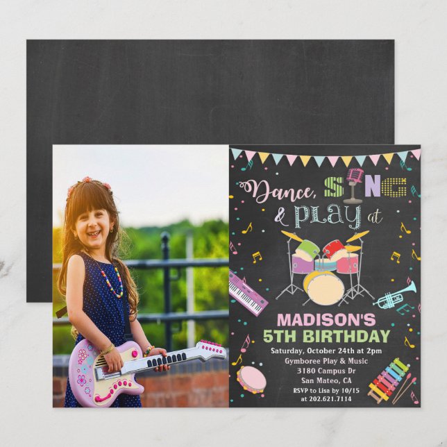 ADD PHOTO - Girl Music Birthday Chalk Invitation (Front/Back)