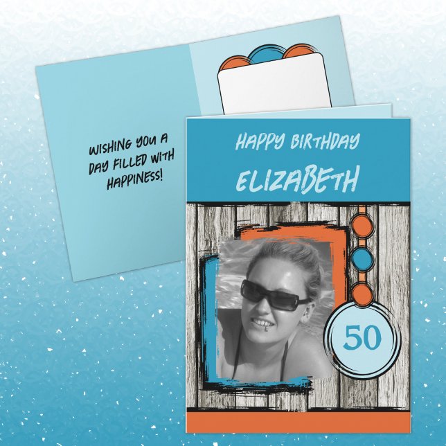 Add photo name blue orange 50th birthday card (Creator Uploaded)