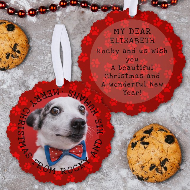 Add Photo & Name Funny Christmas Dog Pawprints Red Tree Decoration Card (Creator Uploaded)