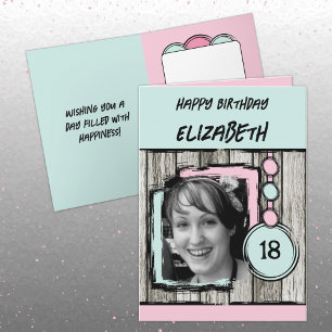 Add photo name pink mint 18th birthday card