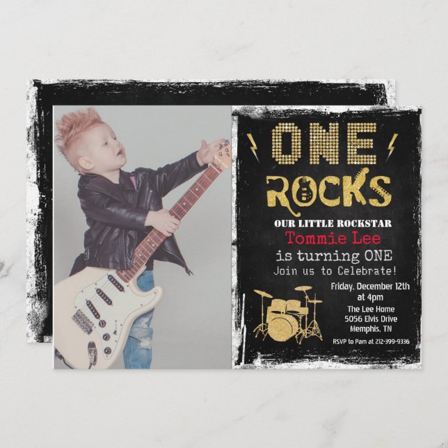 ADD PHOTO Rockstar Drumset 1st Birthday Invitation (Front/Back)