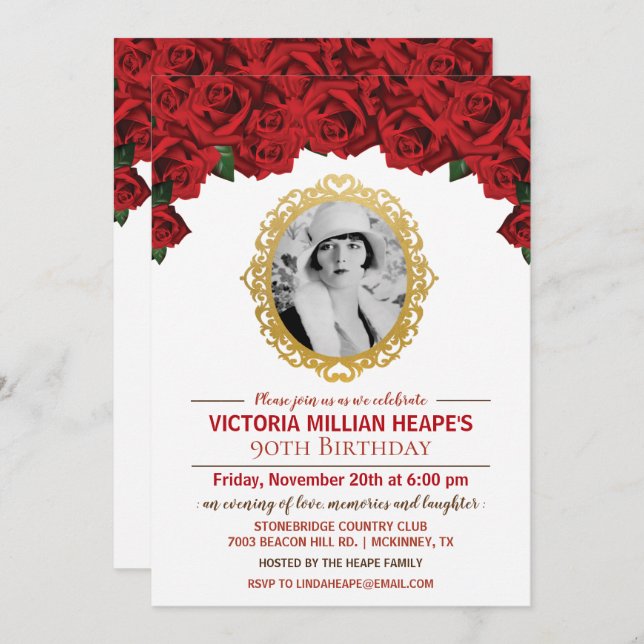 ADD PHOTO -  Roses Milestone Birthday Invitation (Front/Back)