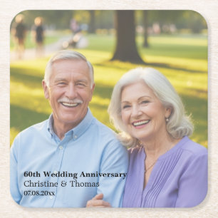 Add Photo Text Overlay 60th Wedding Anniversary  Square Paper Coaster