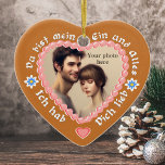 Add Photo to this Romantic German 'Lebkuchen' Ceramic Ornament<br><div class="desc">A sweet tradition in Germany is to add a romantic message to a gingerbread heart-shape cookie. These frosted cookies can be seen during Oktoberfest, Christmas markets ('Christkindelmarkt') and also as tourist souvenirs. This lovely photo ornament has been created to resemble one of these decorated gingerbread biscuits. The message is in...</div>