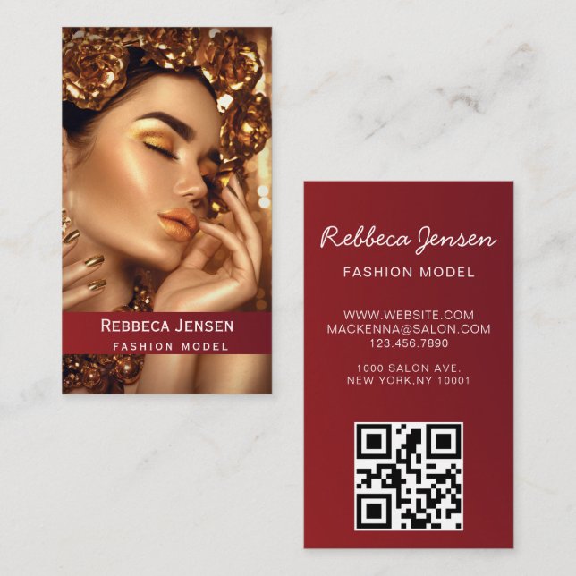 Add photo trendy fashion model black QR Code Business Card (Front/Back)