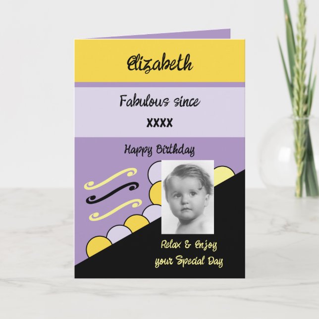 Add photo year name milestone birthday purple card (Front)