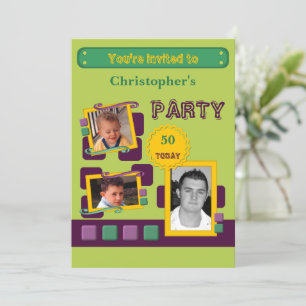 Add photos for men any age green 50th party invitation