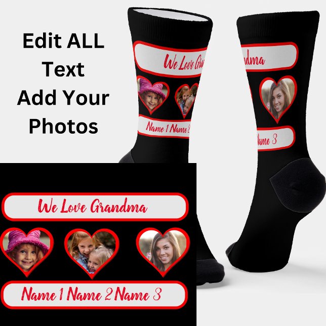 Add Photos Names, Grandkids in Hearts for Grandma  Socks (Creator Uploaded)