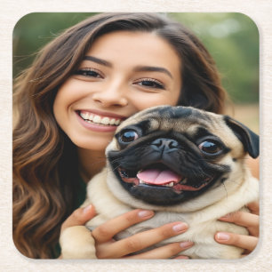 Add Pug Photo Personalise Customise Square Paper Coaster