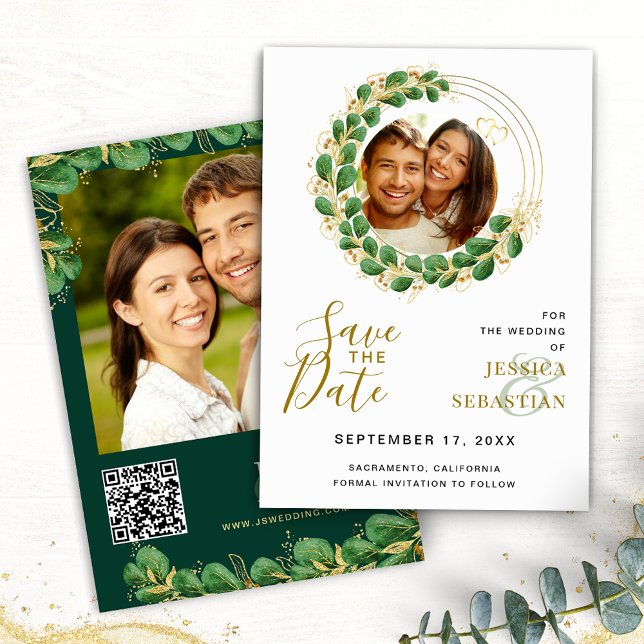 Add QR Code Photo White Emerald & Gold Elegant Save The Date (Creator Uploaded)