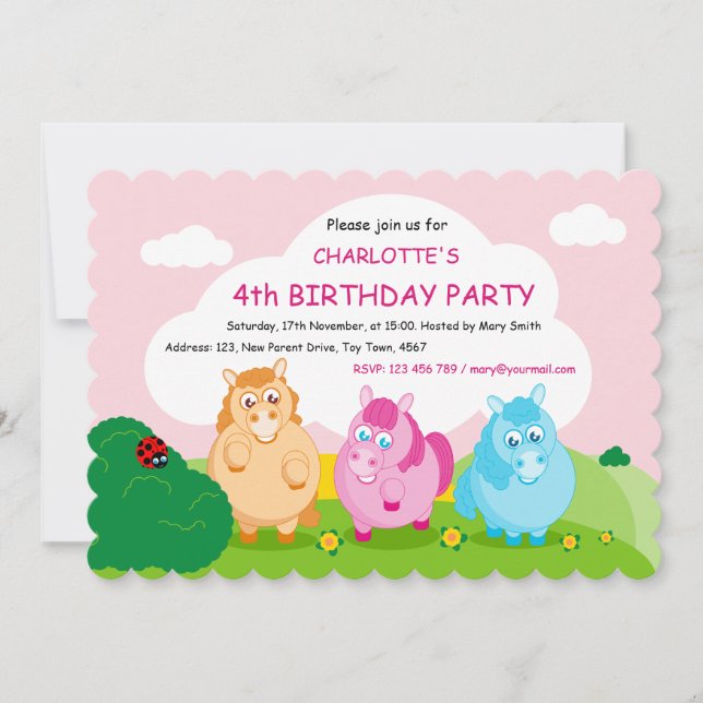ADD TEXT colourful cartoon fun cute little ponies: Invitation (Front)