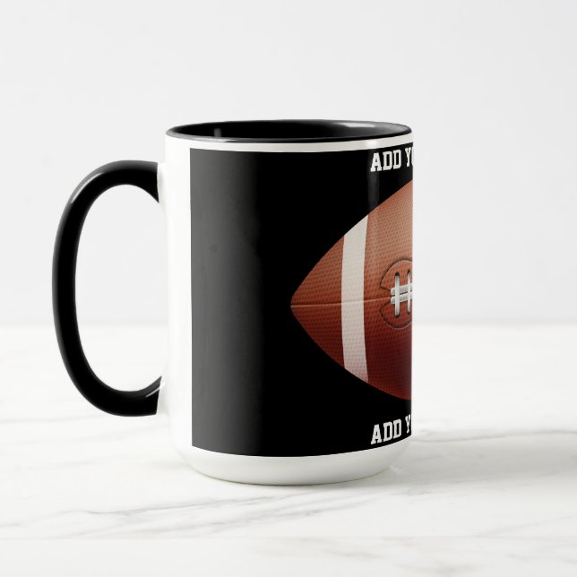 Add text on football throw pillow mug (Left)