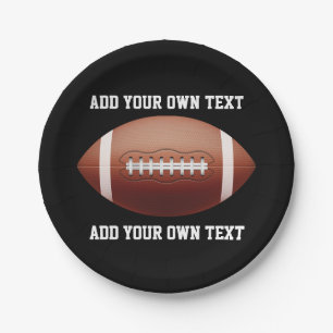 Add text on football throw pillow paper plate