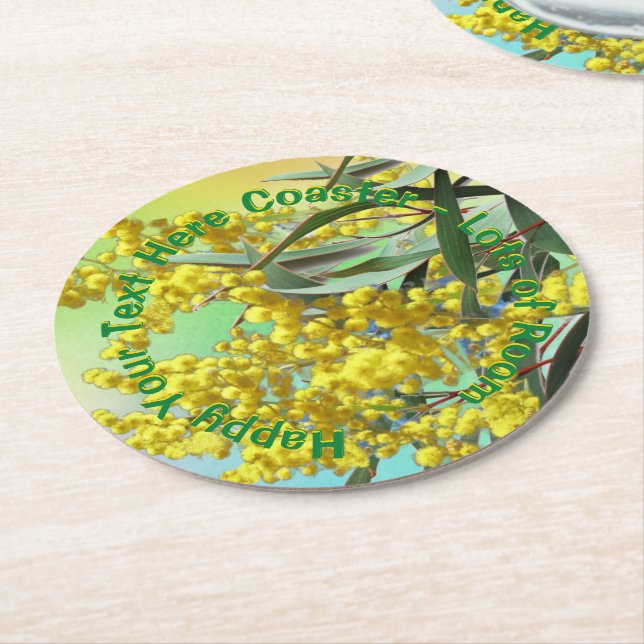 Add Text Wattle & Gum Leaves Aussie Round Paper Coaster (Angled)