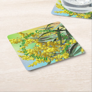 Add Text Wattle & Gum Leaves Aussie Square Paper Coaster