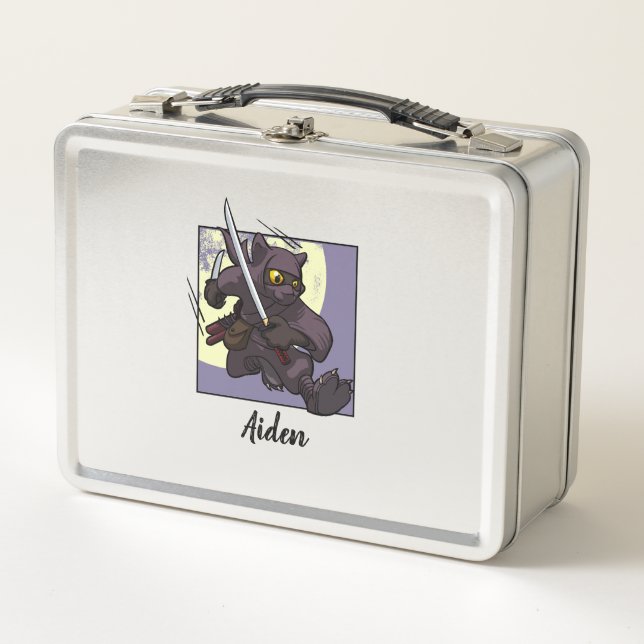 Add The Name Black Cat Ninja Flying Kick Cartoon Metal Lunch Box (Front)