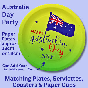 Add Year, Happy Australia Day Flag Green Gold 9" Paper Plate