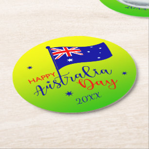Add Year, Happy Australia Day Flag Green Gold   Round Paper Coaster