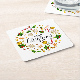 Add Year Merry Christmas 20xx Christmas Theme  Square Paper Coaster