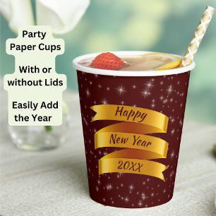 Add Year Text Happy New Year 20xx Gold Ribbon Paper Cups