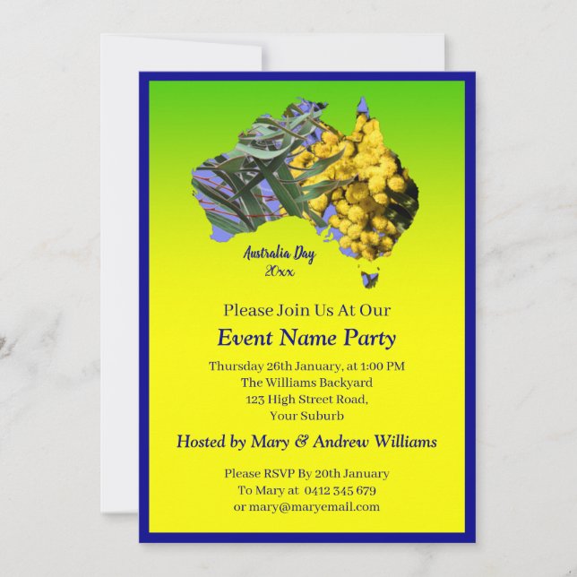 Add Year Text, Wattle Gum Leaf Australia Day Party Invitation (Front)