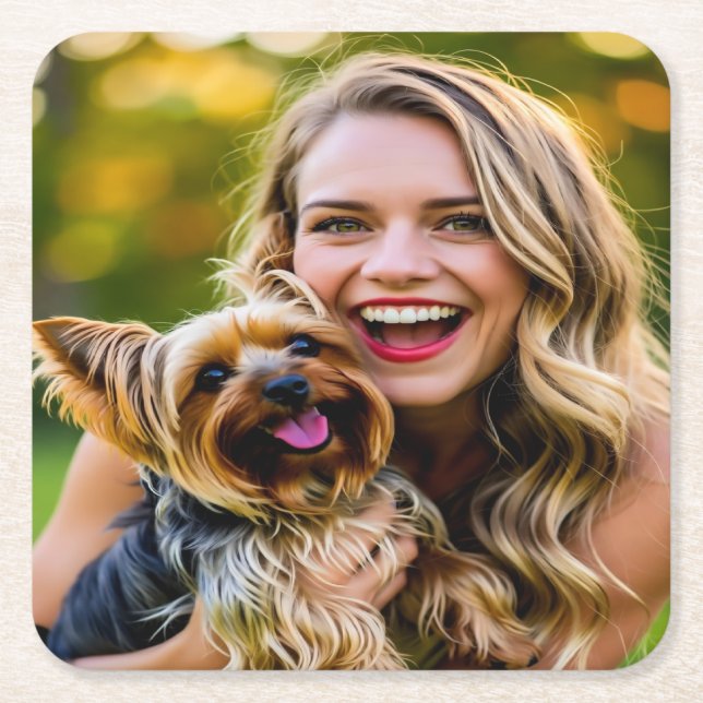Add Yorkshire Terrier Photo Personalize Square Paper Coaster (Front)