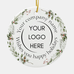 Add you logo company name holiday wreath ceramic ornament