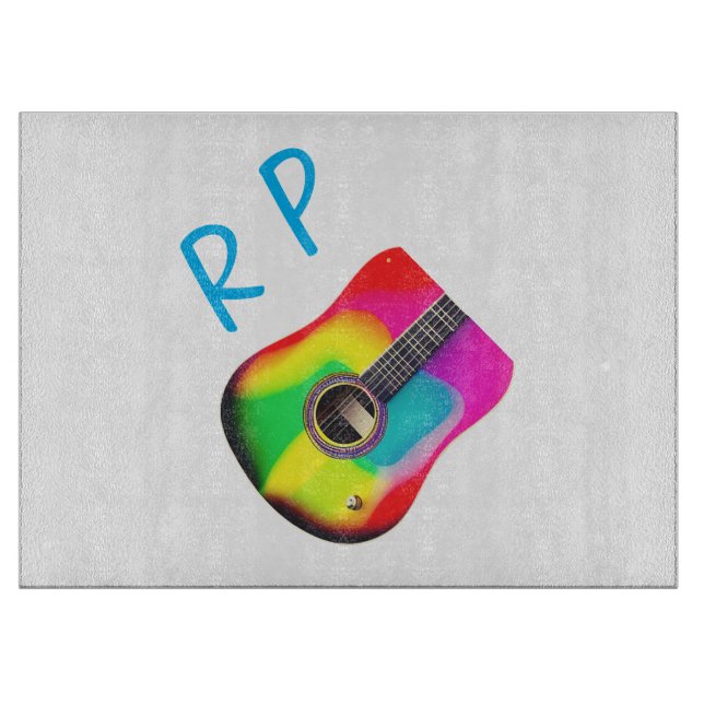 Add you name text brown acoustic guitar colourful cutting board (Front)