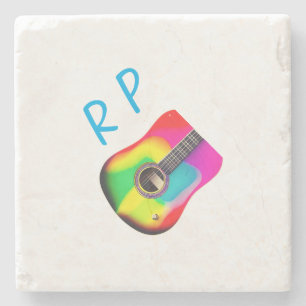 Add you name text brown acoustic guitar colourful stone coaster
