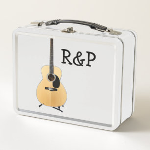 Add you name text brown acoustic guitar editable metal lunch box