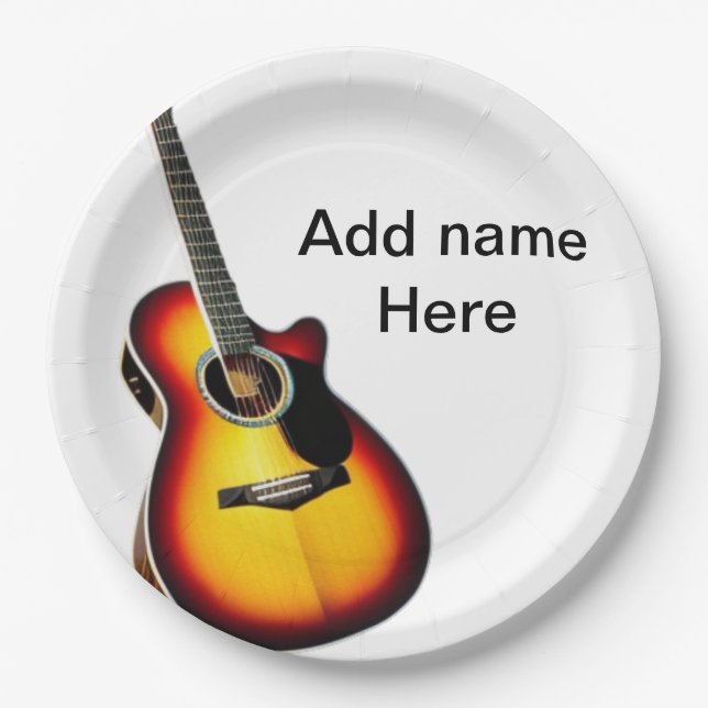 Add you name text brown acoustic guitar editable t paper plate (Front)