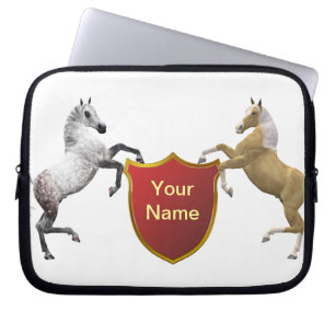 Add you name to the shield held by rearing horses laptop sleeve