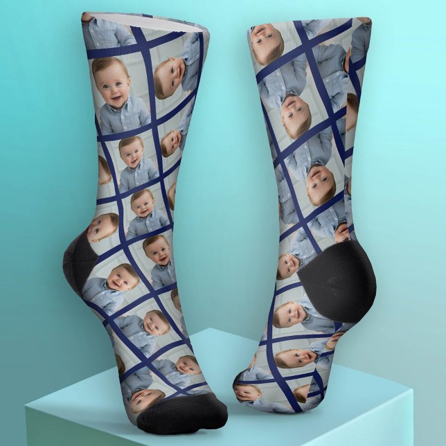 Add Your 1 Photo to Make a Pattern - Blue Socks (Custom Socks with Photo Collage)