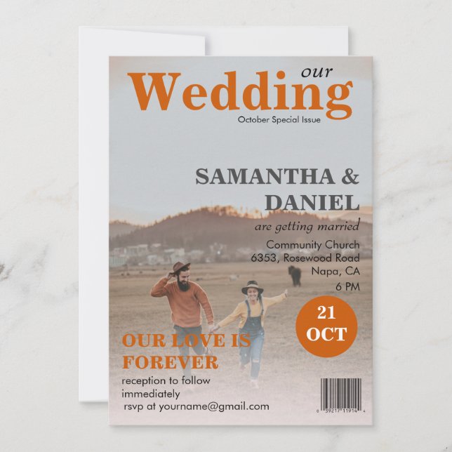 Add Your 2 Photo Magazine Burnt Orange Wedding Invitation (Front)