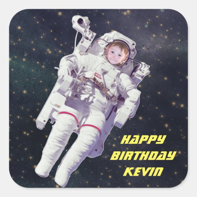 Add Your Child's Photo Astronaut Birthday Square Sticker (Front)