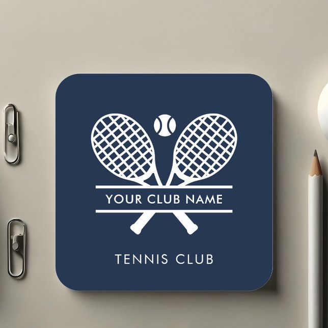 Add Your Club Name Tennis Icons Navy Blue Square Sticker (Your Tennis Club Name Rackets Motif Navy Blue Sticker)