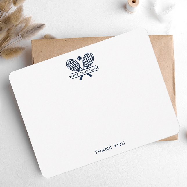 Add Your Club Name Tennis Sports Navy Blue Thank You Card (Custom Lawn Tennis Club Racket Motif Thank You Card)