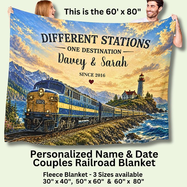 Add Your Details Diesel Train & Lighthouse Couples Fleece Blanket (Creator Uploaded)