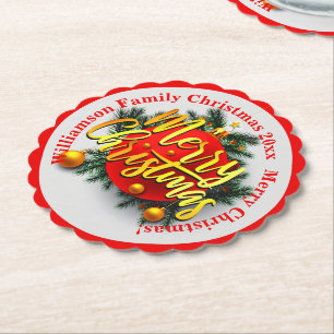 Add your Family Name Year Christmas Message Red   Paper Coaster