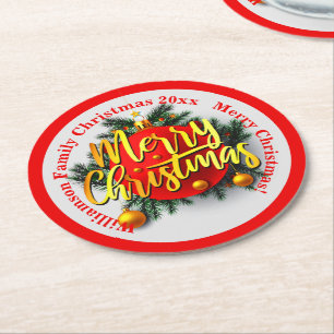 Add your Family Name Year Christmas Message Red Round Paper Coaster
